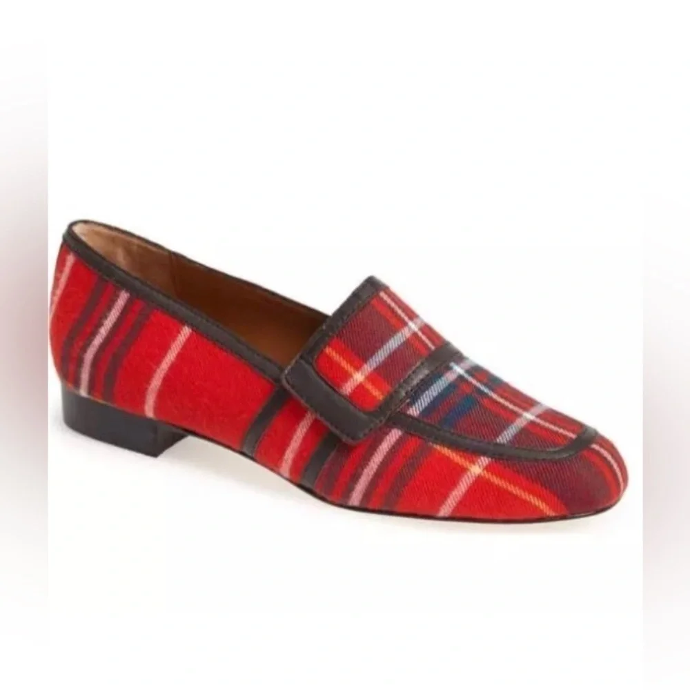 Bettye Muller Tartan Plaid Red & Navy Loafers‎ 5.5